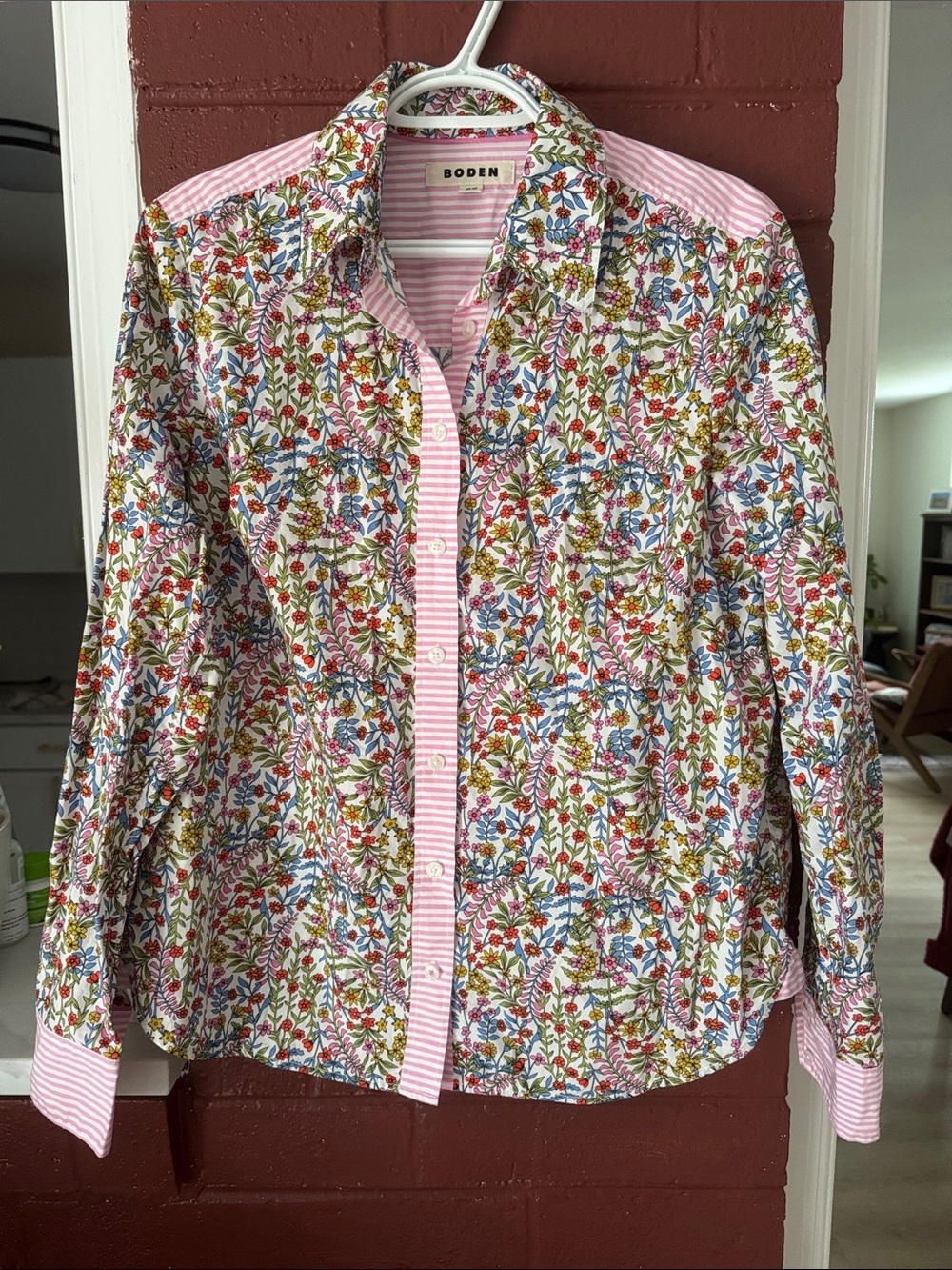 Boden Multicolor Floral Button-Down Shirt with Pink and White Stripes Size 10